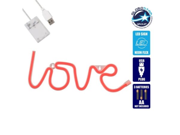Φωτιστικό Ταμπέλα Φωτεινή Επιγραφή NEON LED  LOVE κόκκινο 5W με Καλώδιο Τροφοδοσ