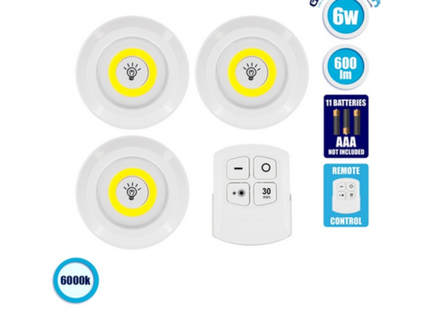 Φωτιστικά Νυκτός Μπαταρίας LED COB 6W 600lm 6000Κ & Timer & Ασύρματο Χειριστήριο