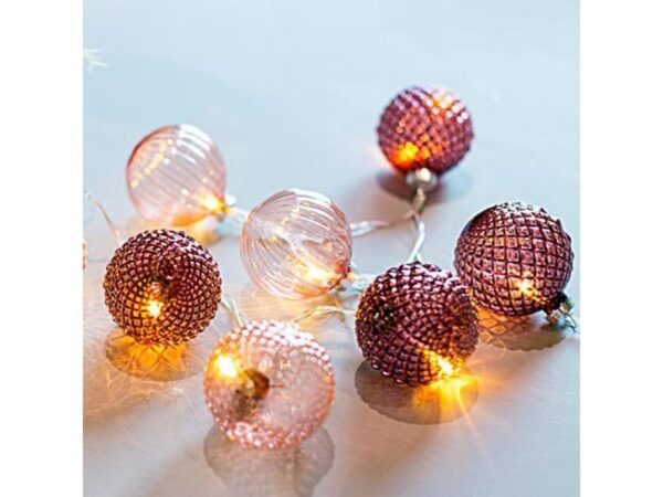 ΣΕΙΡΑ, 10 LED 5mm, ΜΕ ΡΟΖ ΓΥΑΛΙΝΕΣ ΜΠΑΛΕΣ 6cm, ΜΠΑΤΑΡΙΑΣ 3xAA, ΔΙΑΦΑΝΟ PVC ΚΑΛΩΔ