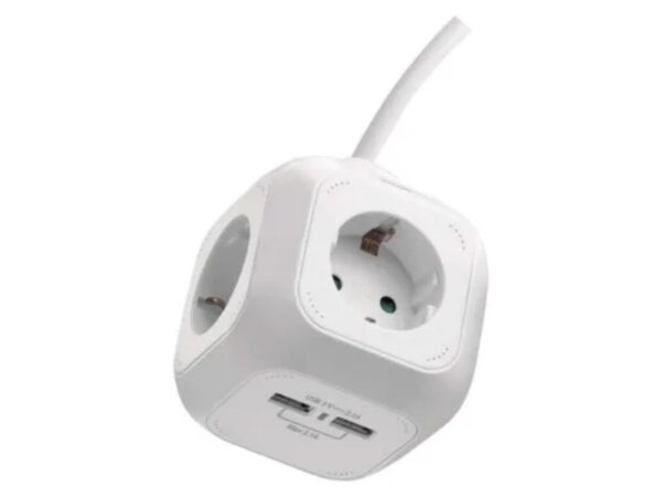 Πολύπριζο 4 Σούκο, 2 USB Κύβος 1.9m Λευκό