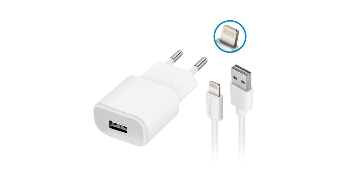 67af2d892c28ca1ef7f4b0d1 Φορτιστής Forever TC-01 1x USB 2A λευκό + καλώδιο Lightning - Image 1