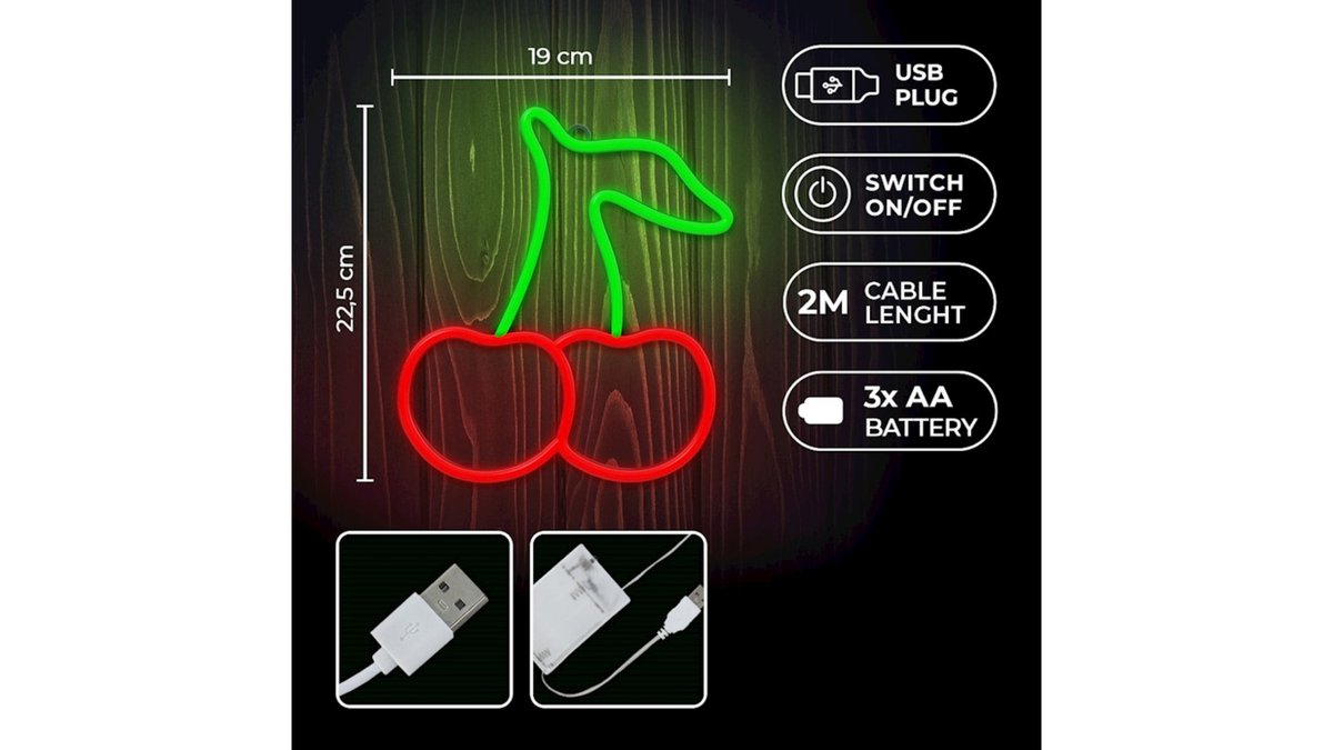 67b3196e4553936f3bb2f051 Φωτιστικό neon Κεράσι κόκκινο πράσινο με usb ή μπαταρίες & διακόπτη on off - Image 1