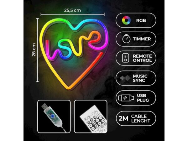 RGB LED LOVE IN HEART NEON με κοντρόλ dimmer rgb & music sync