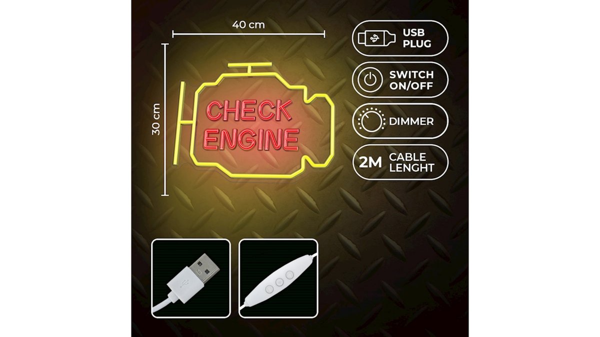 67b31db4b6b7de2eca592d78 Neon PLEXI LED CHECK ENGINE yellow red usb με διακόπτη on off & dimmer - Image 1