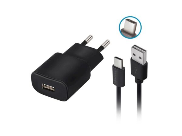Φορτιστής Forever TC-01 1x USB 2A μαύρο + καλώδιο USB-C