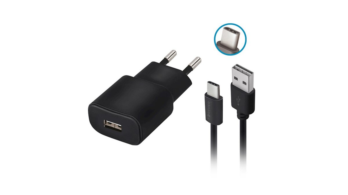 67bd8e8b3b60946f71c9db73 Φορτιστής Forever TC-01 1x USB 2A μαύρο + καλώδιο USB-C - Image 1