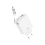 XO φορτιστής τοίχου CE31 1x USB 1x USB-C 30W λευκό με ανασυρόμενο καλώδιο USB-C