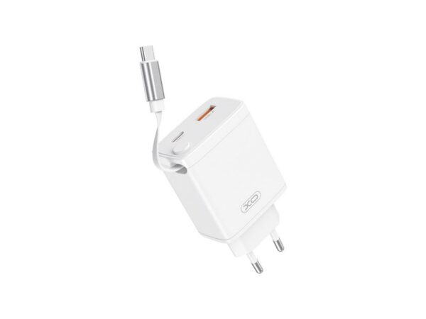XO φορτιστής τοίχου CE31 1x USB 1x USB-C 30W λευκό με ανασυρόμενο καλώδιο USB-C
