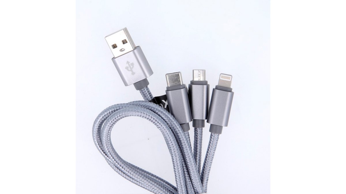 67cec7bd8df525635d5e116b Maxlife 3in1 καλώδιο USB - Lightning + USB-C + microUSB 1,0 m 2,1A γκρι νάιλον - Image 1