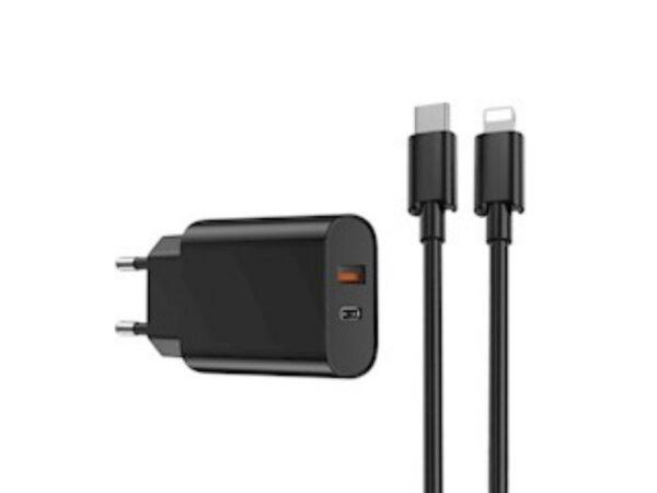 Φορτιστής τοίχου WIWU Wi-U002 PD + QC 20W 1x USB 1x USB-C μαύρο + καλώδιο lightn