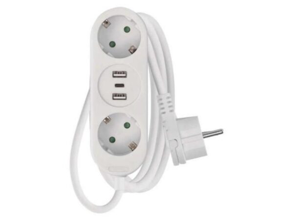 Πολύπριζο – 1,5m – 2schuko – 1,5mm2 – PVC – Switch – Άσπρο – 2-USB-A & 1-TypeC