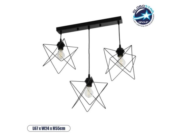 GLOBOSTAR® GLIND 201-0092 Vintage Κρεμαστό Φωτιστικό Οροφής με Ντουί 3 x E27 AC 220-240V IP20 - Μαύρο - Μ67 x Π24 x Υ55cm