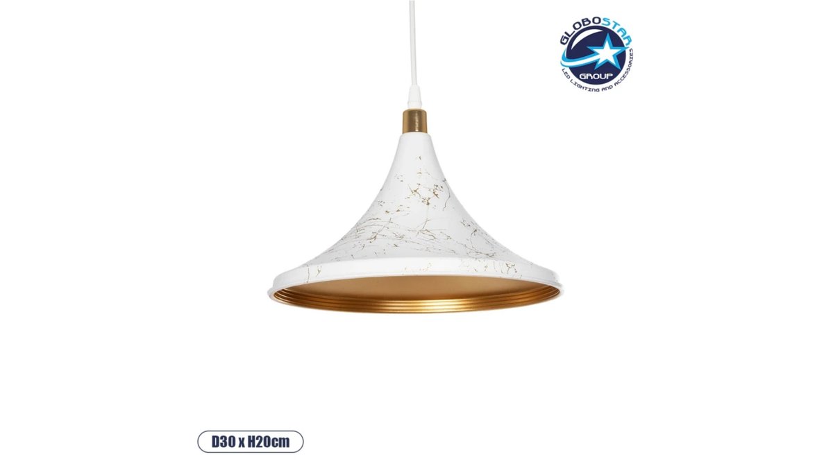 6995e637c7fede311b1b1a59 GLOBOSTAR® MARBLE 203-0098 Μοντέρνο Κρεμαστό Φωτιστικό Οροφής με Ντουί 1 x E27 AC 220-240V IP20 - Λεύκο & Χρυσό - Μ30 x Π30 x Υ20cm - Image 1