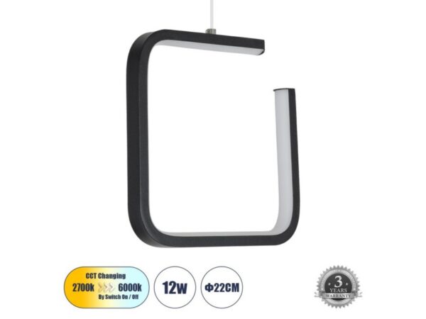 GLOBOSTAR® Μοντέρνο Κρεμαστό Φωτιστικό Οροφής LED 12W 1320lm 360° AC 220-240V IP20 Ρυθμιζόμενο Λευκό CCT με On/Off 2700K/4500K/6000K - Lumileds SMD Chip - Μαύρο Ματ - Μ22 x Π2 x Υ22cm