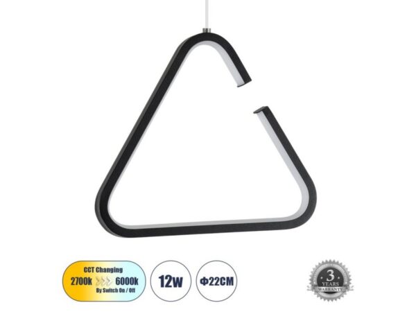 GLOBOSTAR®  Μοντέρνο Κρεμαστό Φωτιστικό Οροφής LED 12W 1320lm 360° AC 220-240V IP20 Ρυθμιζόμενο Λευκό CCT με On/Off 2700K/4500K/6000K - Lumileds SMD Chip - Μαύρο Ματ - Μ22 x Π2 x Υ22cm