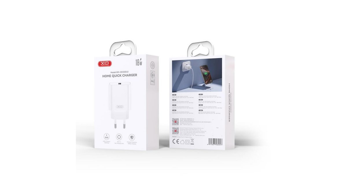 6a158a94e1c31d22cb9d42eb Φορτιστής τοίχου XO CE33 QC 18W 1x USB λευκό + καλώδιο Lightning - Image 1